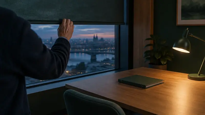 Eine Hand schließt am Abend die Jalousie vor einem Fenster mit Blick auf die Stadt, auf dem Schreibtisch liegt ein geschlossener Laptop