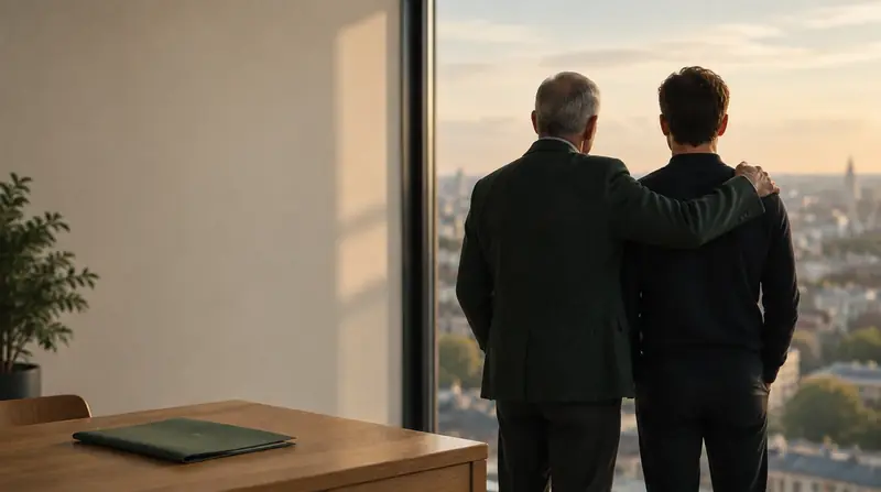 Ein älterer und ein jüngerer Mann stehen Seite an Seite an einem Fenster, der ältere legt den Arm um die Schulter des jüngeren