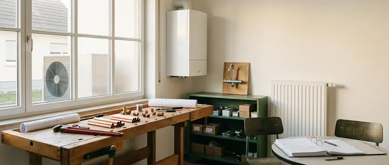 Helle SHK-Werkstatt mit Werkbank, Kupferrohren und Plänen