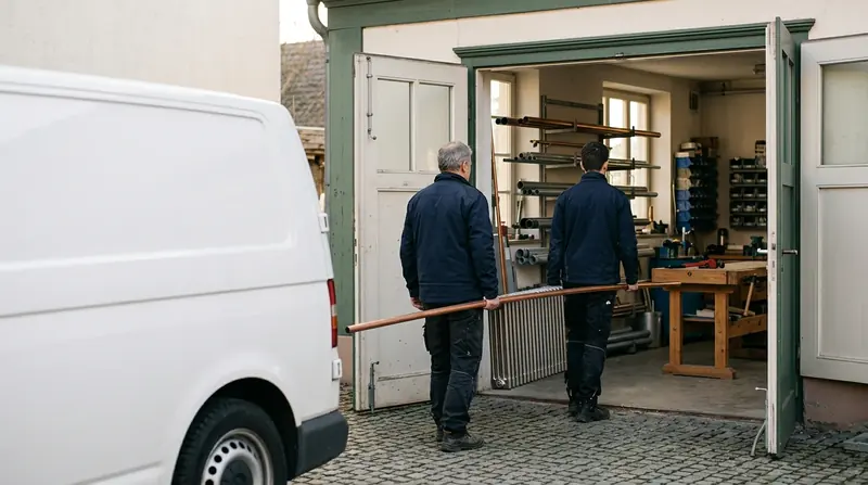 Zwei Handwerker tragen ein Kupferrohr in eine Werkstatt