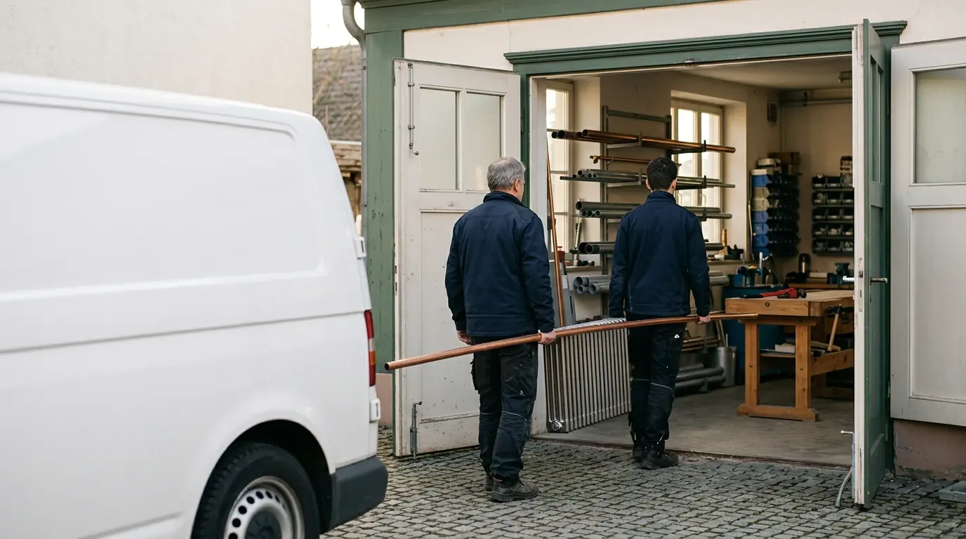 Zwei Handwerker tragen ein Kupferrohr in eine Werkstatt, davor ein weißer Transporter