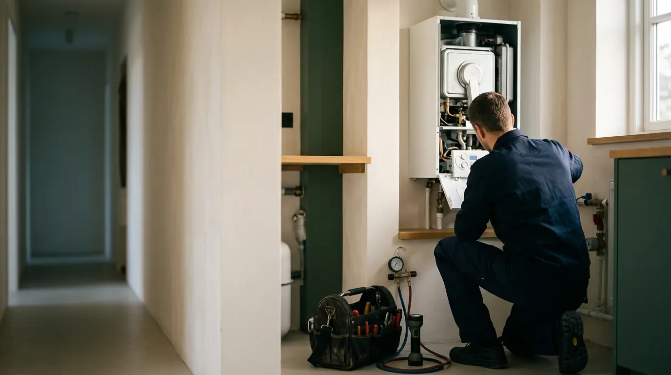 Techniker kniet vor einer geöffneten Wandheizung und prüft die Anlage, daneben eine Werkzeugtasche mit Manometer