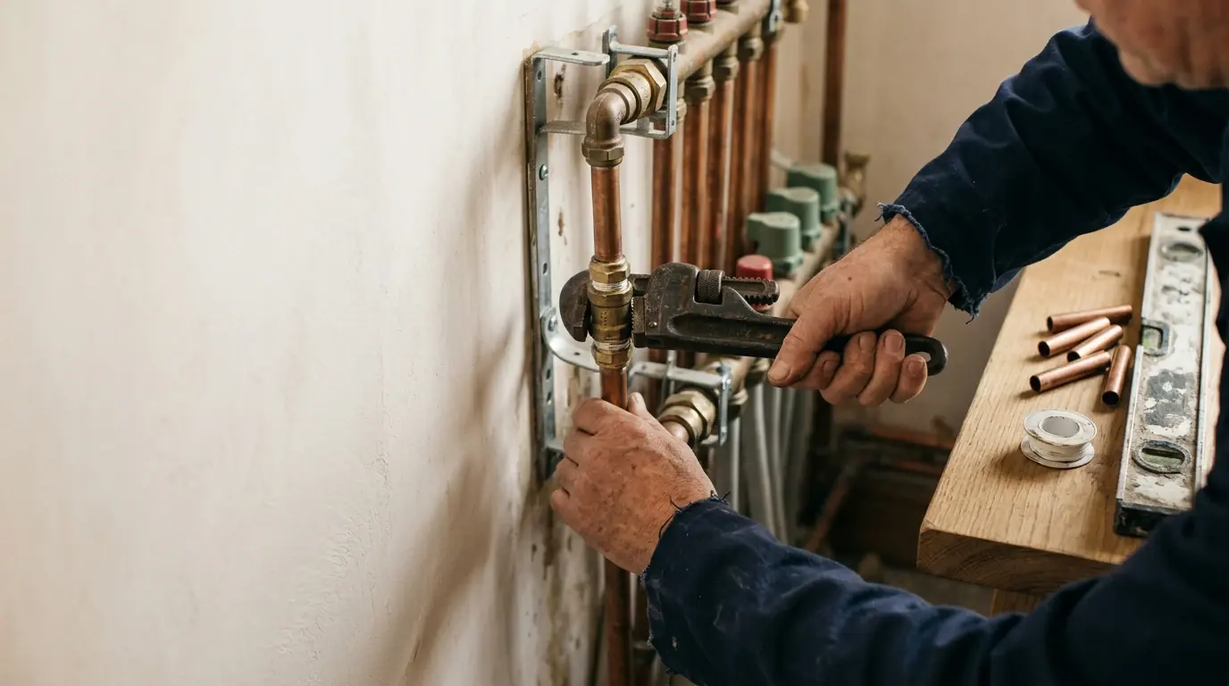Hände eines Handwerkers mit einer Rohrzange an einem Kupferrohr-Verteiler an der Wand